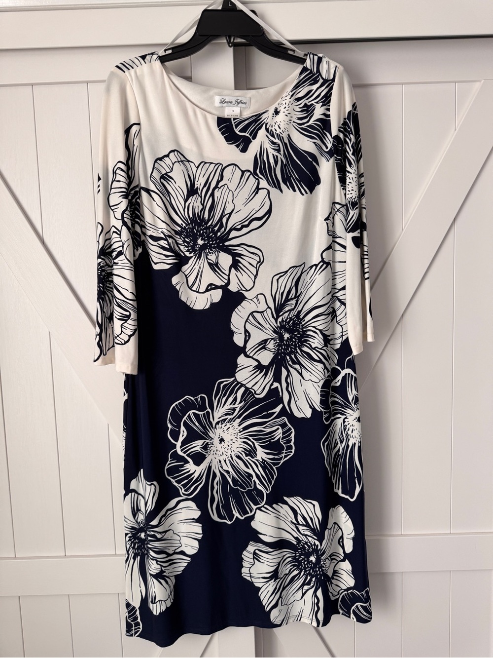 Navy and White Floral Midi Dress with Three-Quarter Sleeves